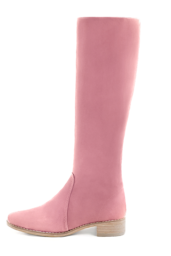 Carnation pink women's riding knee-high boots. Round toe. Low leather soles. Made to measure. Profile view - Florence KOOIJMAN